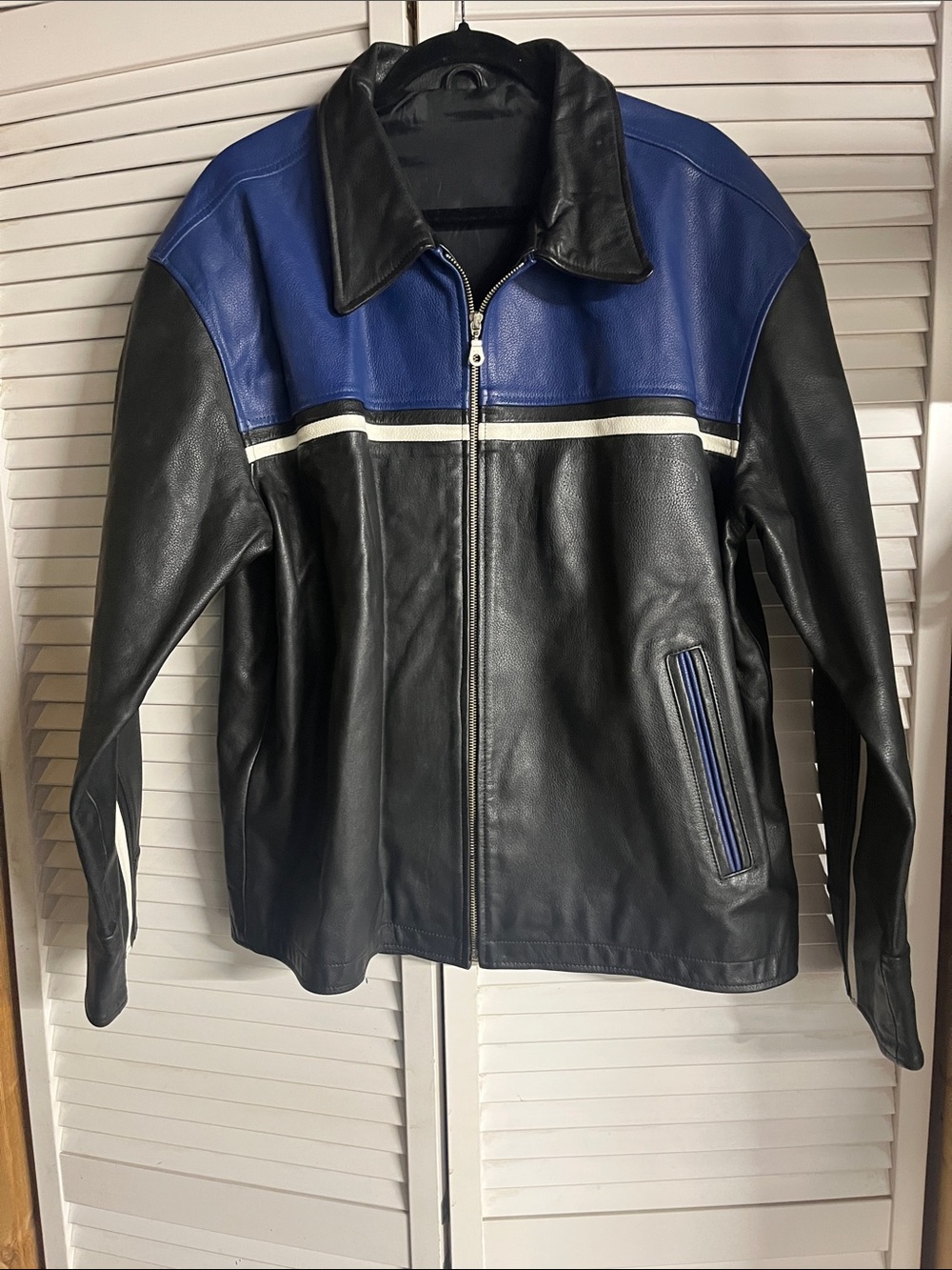 Men's Black and Blue Heavy Leather Zip-Front Jacket